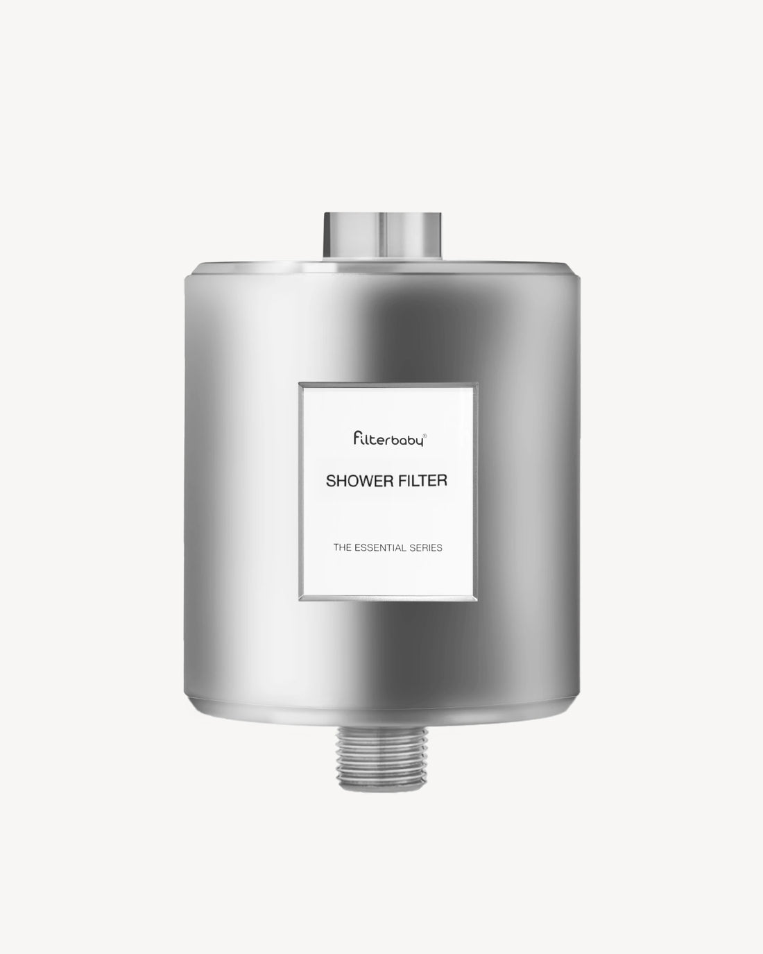Silver shower filter with 'Filterbaby' branding on a white background