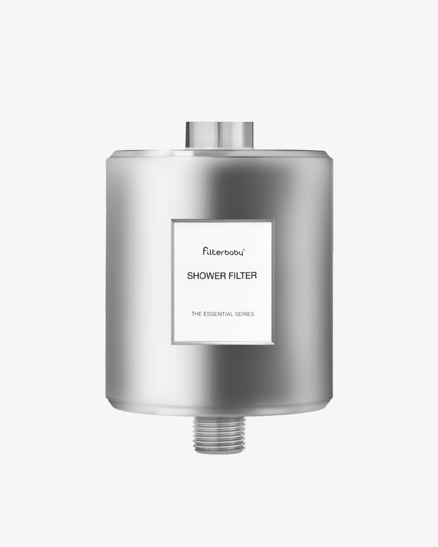 Silver shower filter with 'Filterbaby' branding on a white background