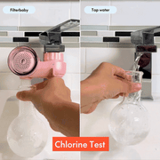 A gif of Filterbaby vs tap water chlorine test. When chlorine is detected, the drops turn the water yellow. The Filterbaby water tested is clear because Filterbaby removes 99.99% of chlorine and chloramine. The tap water is bright yellow indicating that chlorine is present.