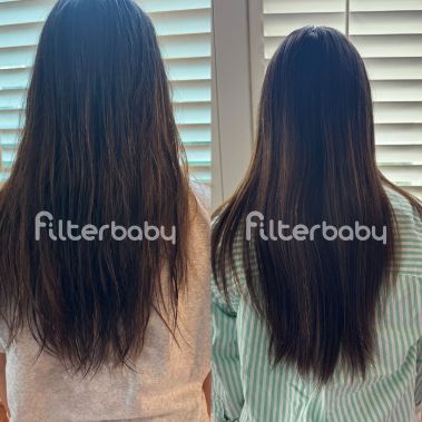 Before and after comparison of hair; left with frizz, right smooth and sleek, against a background of white blinds.