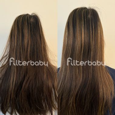 Side-by-side comparison of long hair before and after a smoothing treatment.